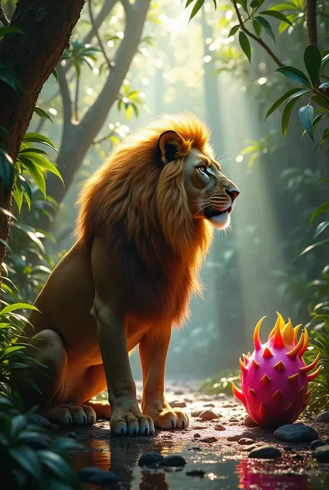 A majestic lion stands in a mystical jungle, its golden-brown mane flowing as sunlight filters through the thick canopy above. The forest is dense with vines, palm fronds, and scattered stones across the rocky ground. In front of the lion is a dramatically...