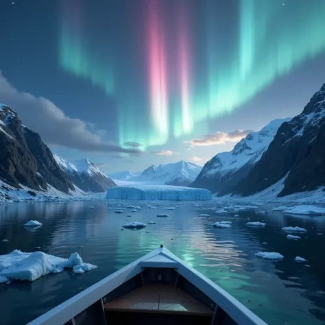  Northern lights shining quietly on a glacier、Gentle glow、 colorful 、Scenery seen from a boat 、