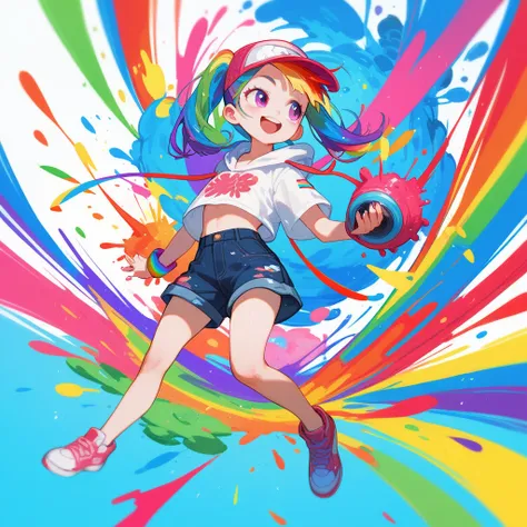 1 girl, colorful , kawaii , rainbow , splatter , Japan animation , smile , High quality ,looking away from the camera, full body