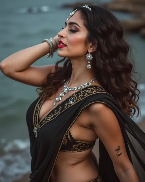 Closeup ultrarealistic photo of topless indian goddess kriti sanon, nsfw, sexy small tattoo on waist, wearing black saree, chubby hourglass body, soft natural boobs, big boobs, visible boobs, nipples visible, bare chested, beautiful nipples, red lips, jewe...