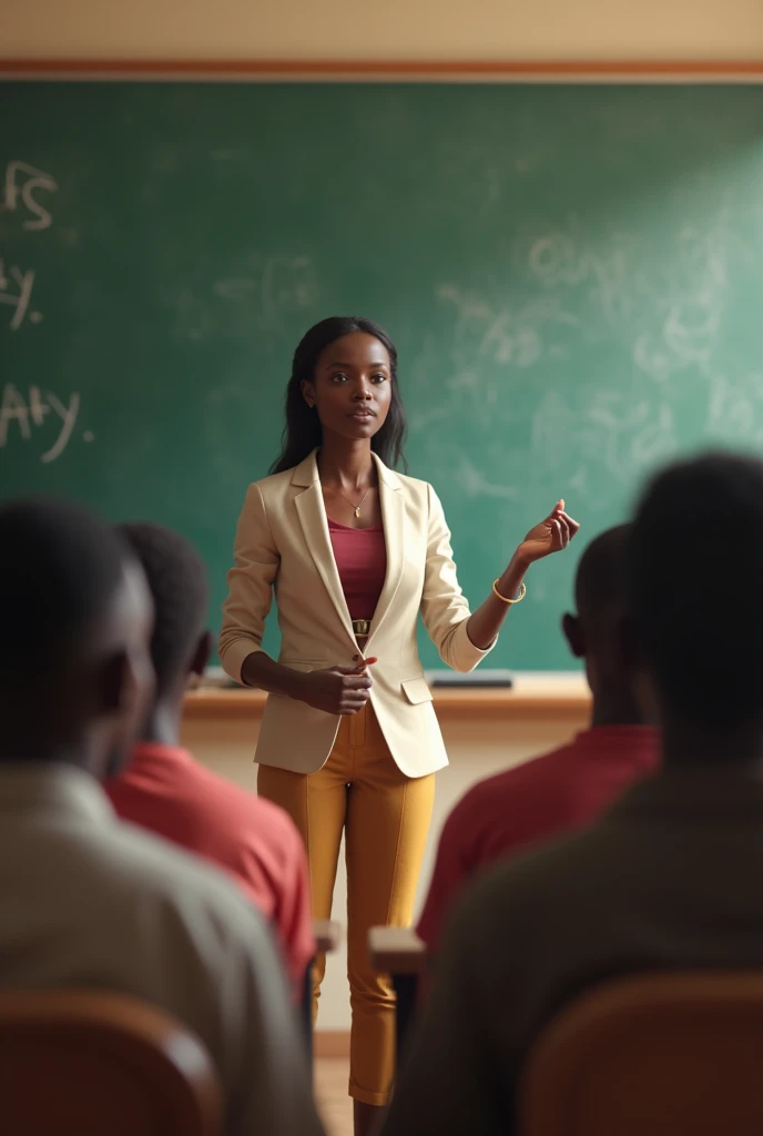 Generate an image of an African teacher teaching adult students .
Limage doit être en format paysage et ça doit être tiré dans le dos des étudiants donc le professeur un  peu éloigné car il écrit sur le tableau cest un professeur danglais, pour un cour dan...