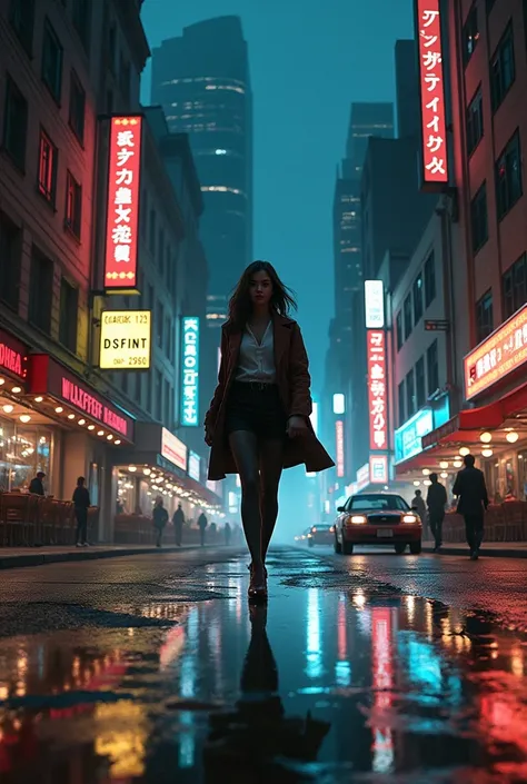 A woman walking around a city at night