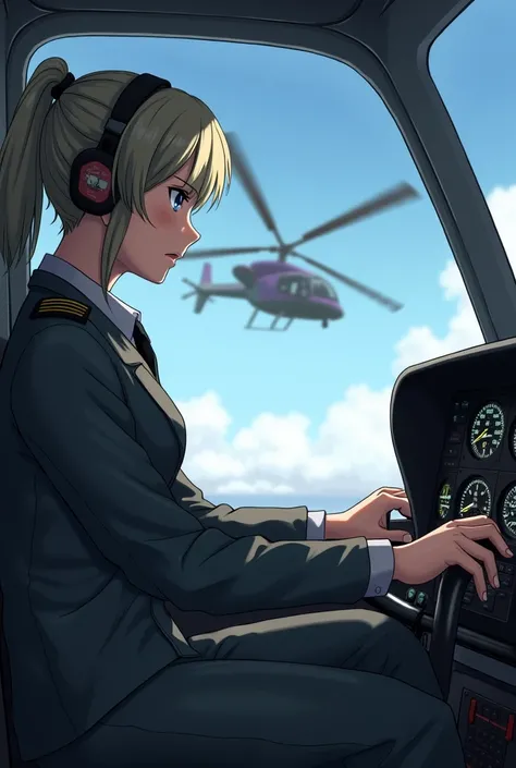 The warble-haired helicopter pilot looks serious about piloting a helicopter in the cabin