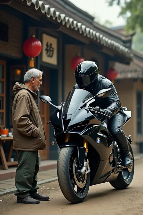 A BMW S1000rr black super biker talking to the village man at the near tea shop village close up from 
