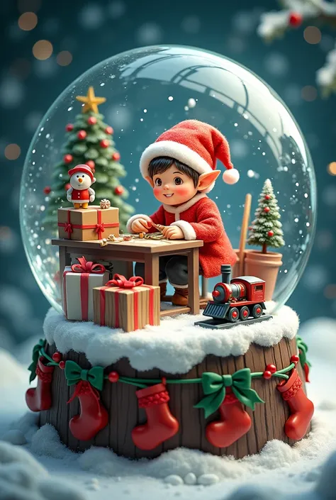 An illustration of a snow globe with one elf busily wrapping gifts on a workbench in Santas workshop. The snow swirls around the scene, while the base is decorated with toy trains and Christmas stockings, adding a festive touch.