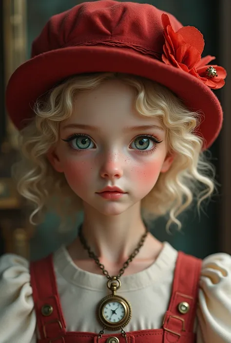 Photorealism, close-up, straight hair blonde short curly  girl the little red hat, clock on necklace, (Victorian era), ((steampunk)), cinematography, worked, elegant, meticulous, magnificent, maximum detail, extremely hyper-aesthetic, intricately detailed,...