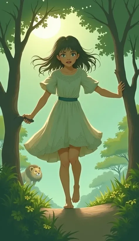 The girl is climbing on the tree in this same dress and she is fearing to the lion 