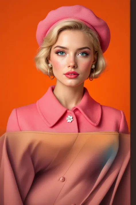  Blond woman in pink jacket and hat posing for photo, Pink and orange colors, Pink and orange, peach, Pink,  high quality portrait,  soft colors , Pink Girl,  Soft portrait shooting 8 K ,  innocent eyes .  rich and vivid colors, Professional polishing, Bea...