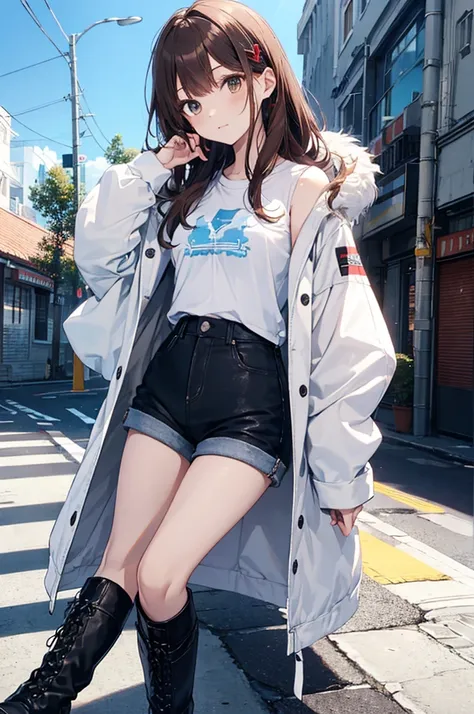 masterpiece,  best quality,Cool beautiful girl, slim figure、 SOFT WHITE COAT,Sky Blue T-Shirt、 black hotpants,Leather boots、Cool Summer,Slightly pale skin,Bright brown eyes,Red brown hair color(Semi-D), hairpin