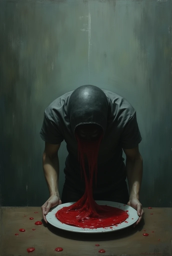  A painting of someone ,  sitting at a table bent over a plate.  The mood should be gloomy , The contents of the plate red . The mood should also be sad and desperate .   The person is bent over the plate with their elbows to the side