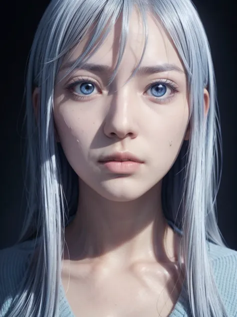 portrait photo, (perfect face), strong gaze, perfect, silver blue hair, upper body