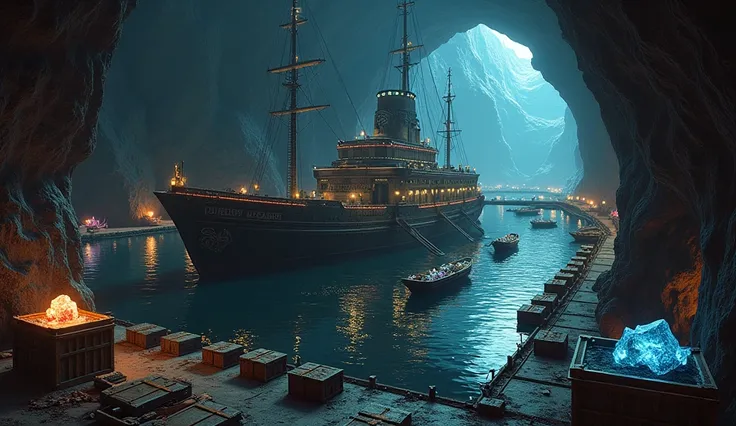 a dark jagged cave with a large well-built metal ship port, crates full of glowing multi-colored crystals, weaponized boats with tribal paint docked in the cave port, metal platforms and built metal floors, docks with lots of boxes and riches