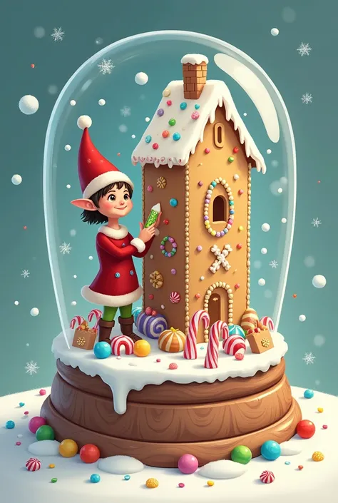 An illustration of a snow globe showcasing a lone elf decorating a giant gingerbread house with icing and candy. Snow falls around the elf, and the base of the globe is adorned with candy canes and colorful gumdrops for a playful touch.