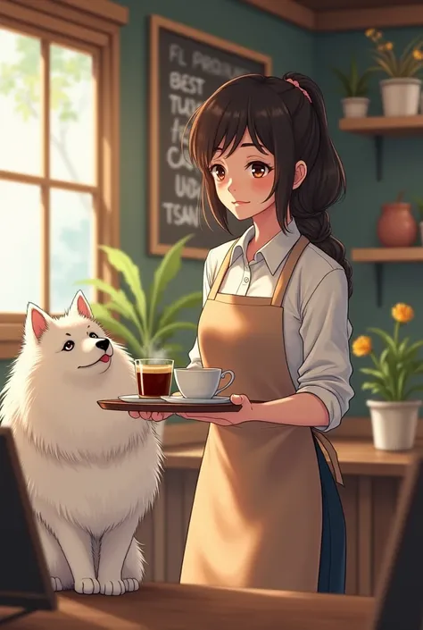  A woman like Riho Yoshioka who works at a cafe carries coffee　The customer has a cute white Samoyed dog 