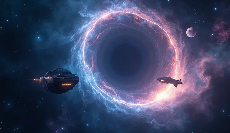 A breathtaking cosmic scene depicting a glowing wormhole in the depths of space, surrounded by swirling nebulae and distant stars. A futuristic spacecraft hovers near the wormhole, its lights illuminating the edges of the swirling vortex, as if preparing f...