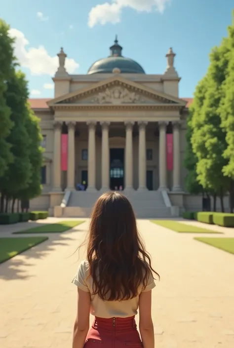 a girl stood in ground of Museo Nacional del Prado