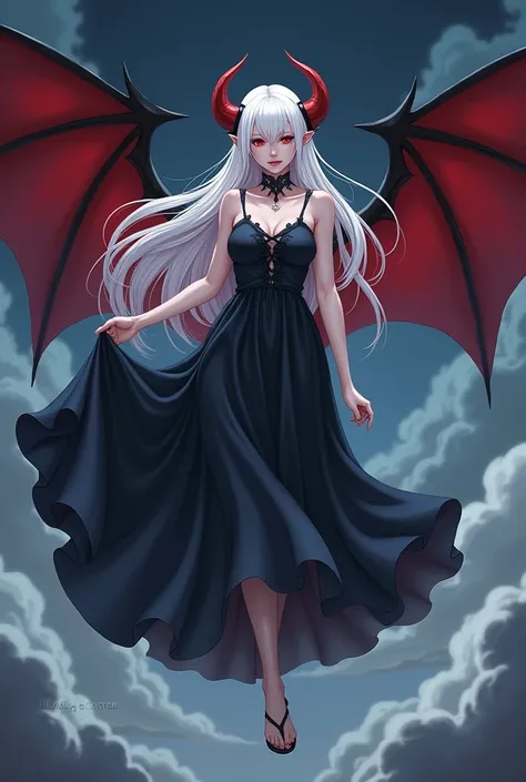 Make a girl with long white hair and red eyes and fair skin she has wings on her head simulating horns red wings she also has a black dress with dark blue details and demon wings on her back she has a serious appearance in the background and she flies thro...