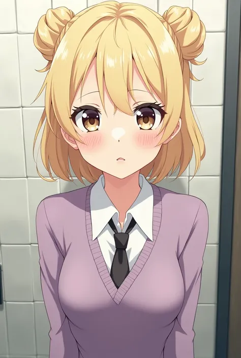 (((hd closeup photo))), character name is Rina, teacher uniform, blonde messybun hair, blushes cheek, standing on bathroom, anime girl