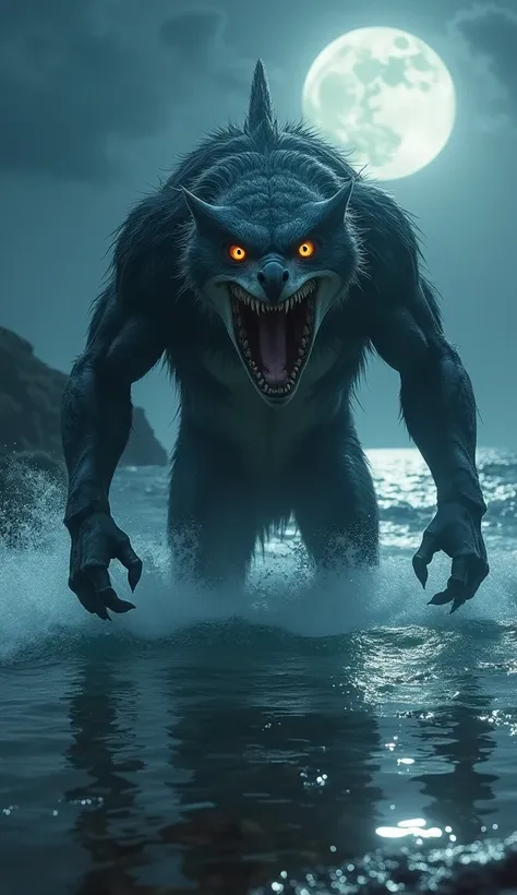 "A terrifying aquatic predator with the sleek body and fins of a shark, the furry, muscular legs of a wolf for prowling land, and the piercing eyes and sharp beak of an owl. The creature lurks in a moonlit ocean cove, half-submerged, with its reflection sh...