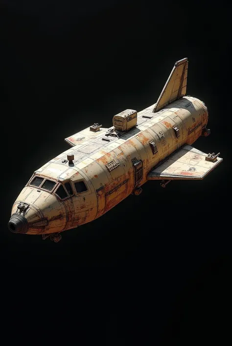 (photorealism:1.2), An old small mining space shuttle, The ship has a strange shape, has no portholes, no windows, radar is used for movement.