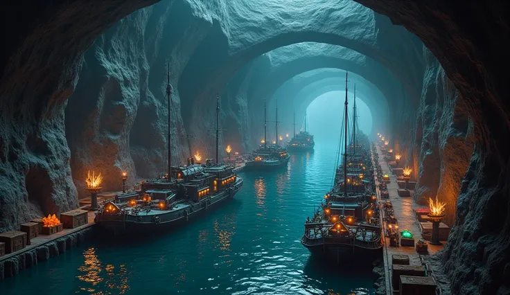 a dark jagged cave with a large well-built metal ship port, crates full of glowing multi-colored crystals, weaponized warships with tribal paint docked in the cave port, metal platforms and built metal floors, docks with lots of boxes and riches, this plac...