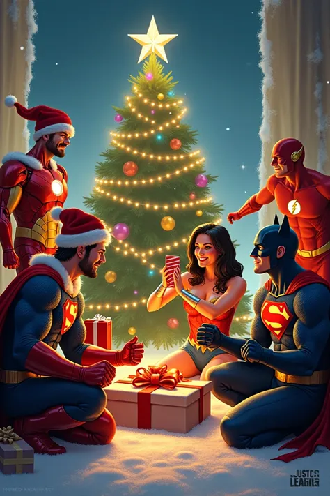 Design an image with the characters from Marvel and Justice League celebrating Christmas together 