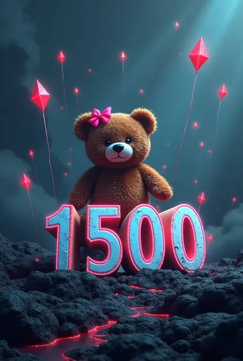 Letters that say LYDYA 1500 diamond streaks while a heavy rain falls and above the letters sits a brown teddy bear with a bright pink in its ear and a background of black volcanic lava