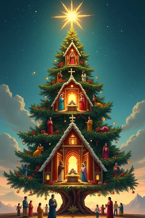 3 tier Indigenous Christmas tree, top tier stable with Mary, Joseph and baby Jesus, 2nd tier open concept with church, 3rd tier with family portrait