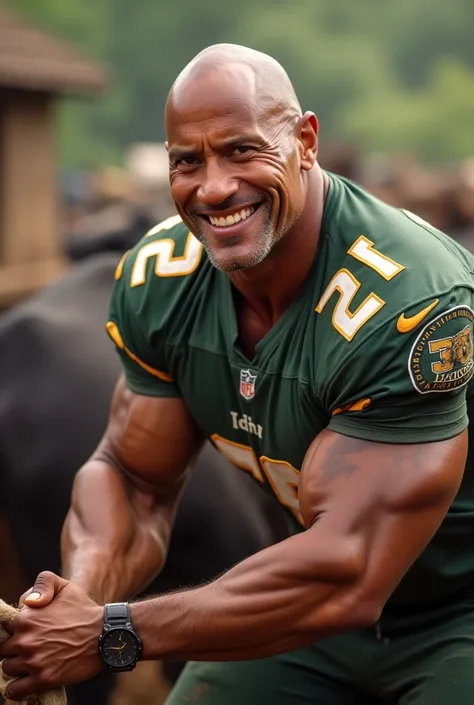 A famous  actor the rock , wearing his uniform with a well-fitted jersey and his iconic number on the back, is seen milking a cow by hand on an Indian farm, much like traditional Indian farmers. His expression is one of focus and determination, with his st...