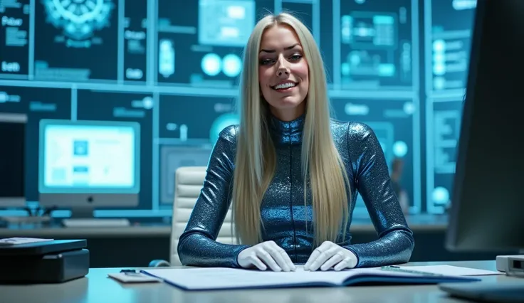 from top, low angle, in a futuristic office with holographic screens in the background, behind her desk with files, a woman poses for an official photo under artificial, sitting, she is wearing a iron bodysuit made of blue chipset and circuit board and hig...