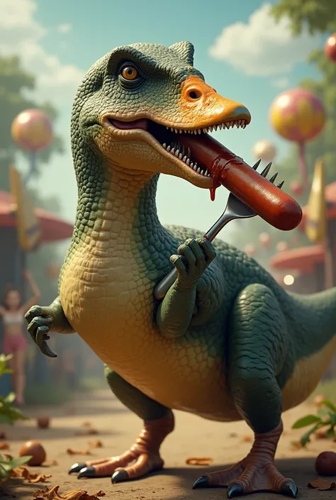 A Duck with a T-Rex head eating a dog as a hotdog in a fork 