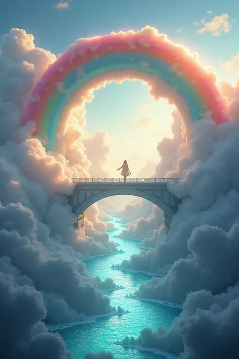 A rainbow bridge spreads out through the clouds, and a river flows through a soap bubble under the rainbow bridge