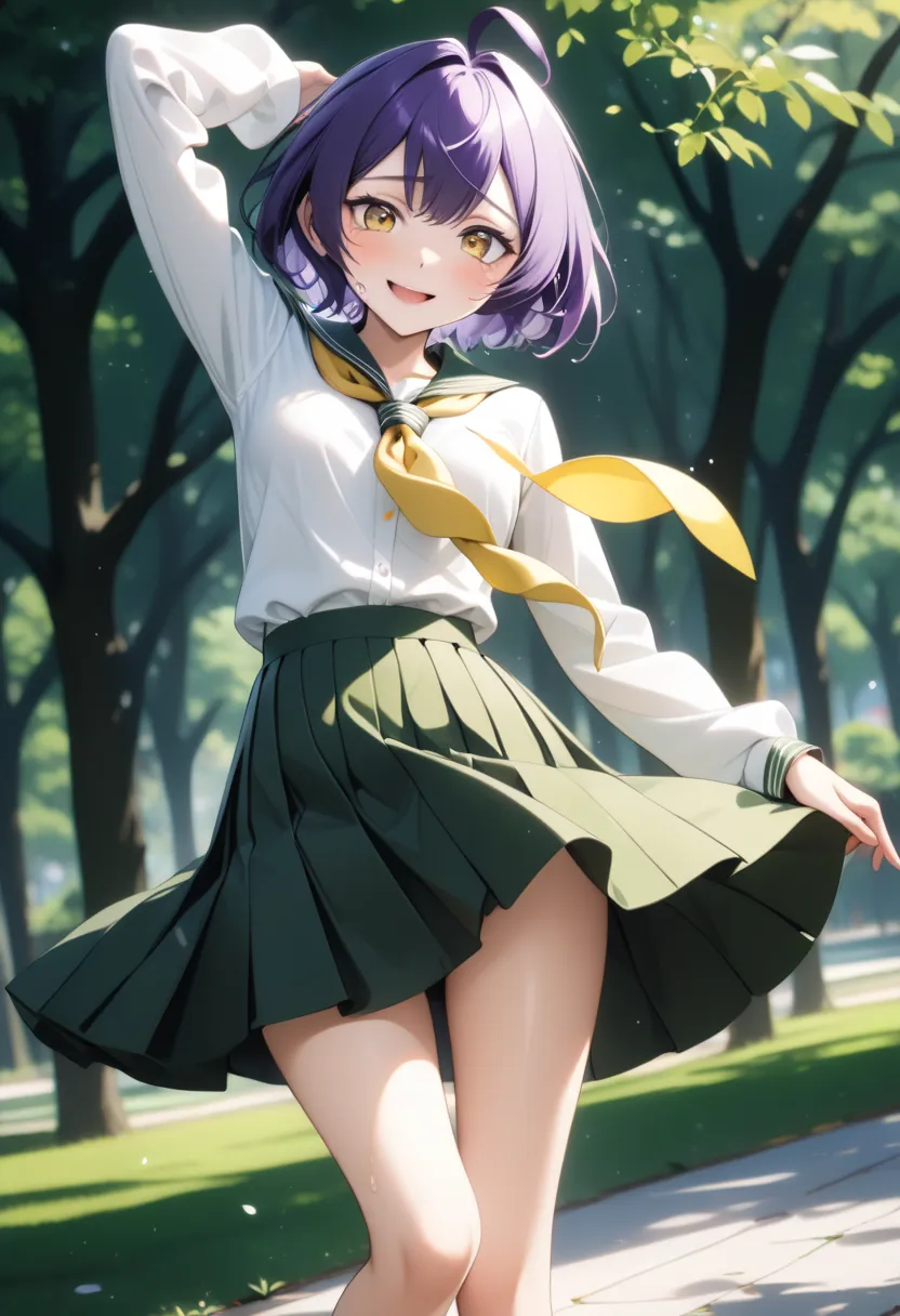 ((utenaxl, short hair, purple hair, ahoge, yellow eyes, green serafuku, white shirt, yellow neckerchief, long sleeves, pleated s...