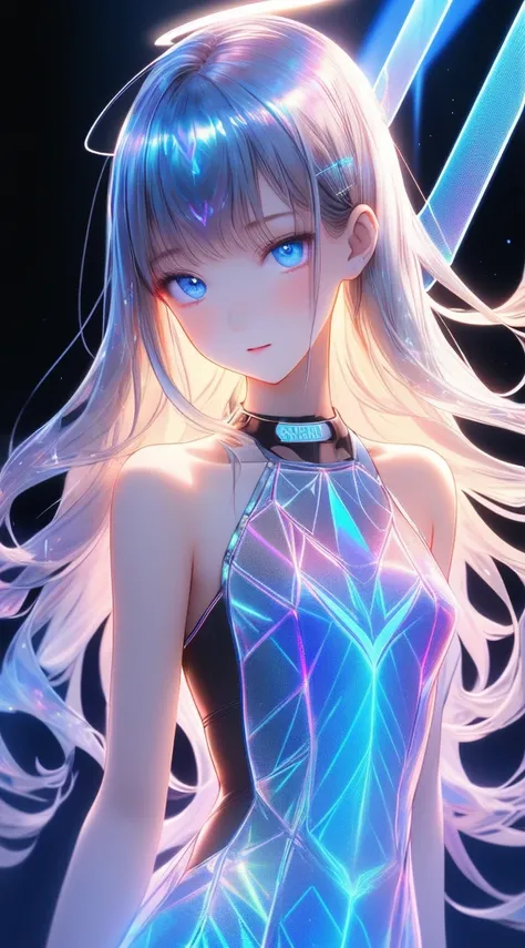 (),Long silver hair,(( flat chested)),beautiful and exquisite blue eyes ,Holographic Dress,( Holographic Halo :1.5),( black background),( very detailed elegant)girl, tentacles, octopus, tangled,  {best quality}, {very aesthetic}, {ultra-detailed}, {best il...