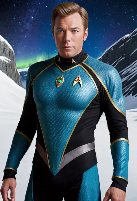 (extreme complexity, multiple subjects) Captain Kirk of Star Trek Fame (Starfleet cold weather uniform) is gazing into the loving arms of a gorgeous ice alien (cute, age 25, deep blue eyes, long glassy hair), aurora over the glacier, sci fi romance, heart ...