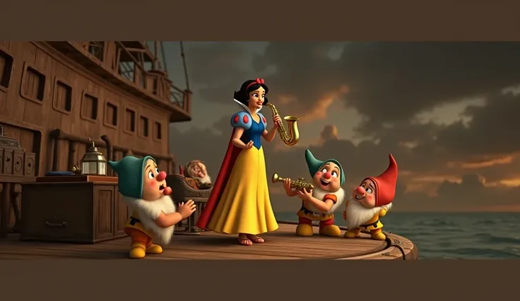 Snow White, dressed in her iconic yellow and blue dress with a red cape, stands gracefully on the deck of an old wooden sailing ship. She holds a gleaming saxophone in her hands, poised as if playing a soulful tune. Surrounding her are the seven dwarfs, ea...