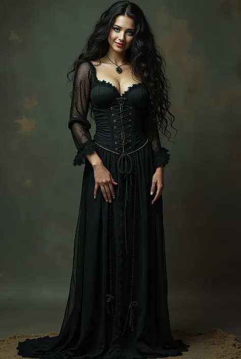 Photorealistic, high resolution, A Slim Japanese woman, busty, double d cup, solo, heavy makeup, Hips up, (Detailed face), long curly hair, Long hair, (extremely detailed), Baba Yaga dress with a corset bodice. Ragged clothes. Good Highlights, Evil look. P...