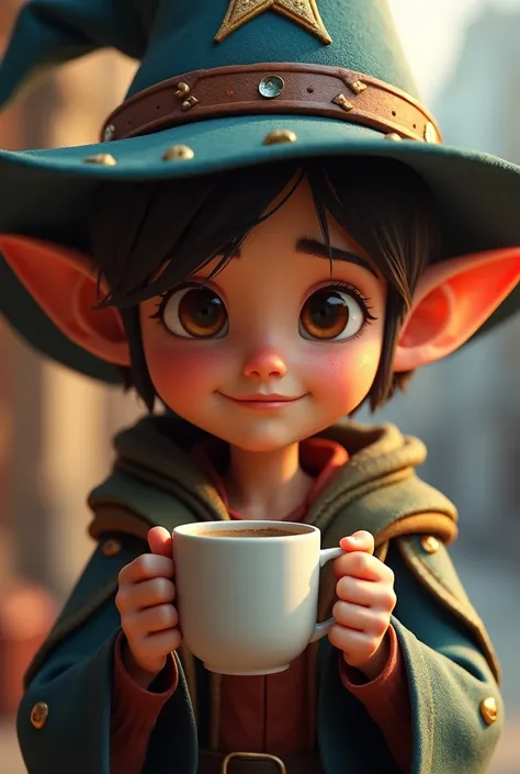 a close up of a cartoon character holding a cup of coffee, digital art by jeonseok lee, polycount contest winner, digital art, young wizard, portrait of a young elf wizard, young half elf wizard, fantasy character, high quality character design, 3 d charac...