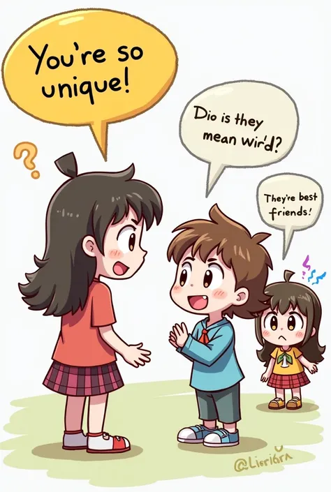 A doodle-style illustration featuring three characters in a humorous misunderstanding. The first character, smiling and cheerful, says to the second character, "Youre so unique!" in a bright and playful speech bubble. The second character, looking puzzled ...