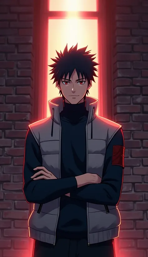  anime character standing in front of a brick wall with arms crossed, Yamagata Hiro , Light ,  conceptual art , Handsome anime pose , Awesome animation 8K,  anime concept hdr anime McManus , Sasuke Uchiha , Anime Wallpaper,  A cute man is in the demon kill...