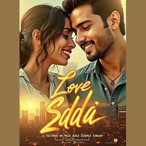 "A feature movie poster featuring a close-up, intimate pose of a young Indian romantic couple. The man, a charismatic Indian actor with a warm smile, and the woman, a beautiful Indian actress with expressive eyes, are portrayed in a tender and emotional mo...