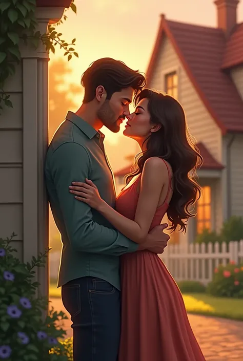 A couple kissing next to a house 