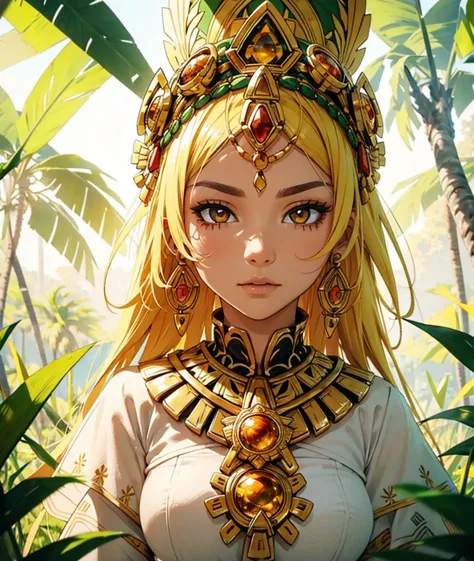 in a beautiful flowers field a beautiful mature woman lying in a field of beautiful white, yellow and gold flowers. . she has a traditional outfit of Aztec people his eyes are visible. she has magnificent ultra detailed golden eyes, her pupils are dilated ...