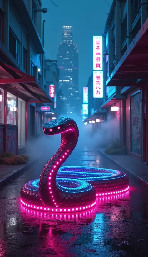 Wallpaper, "A cyberpunk-inspired robotic snake in a neon-lit urban alley at night. Its segmented metallic body glows with pulsating blue and pink LED lights, reflecting off wet pavement. The snake is coiled, its sleek design blending mechanical precision w...