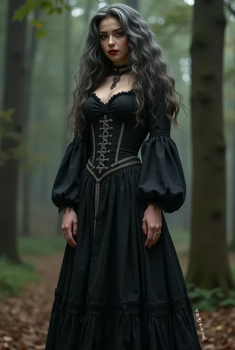 Photorealistic, high resolution, A Slim Japanese woman, busty, double d cup, solo, heavy makeup, Hips up, (Detailed face), long curly hair, Long hair, greying hair (extremely detailed), Baba Yaga dress with a corset bodice. Ragged clothes. Good Highlights,...