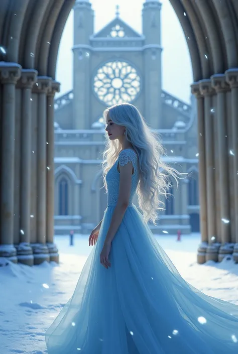 A girl with long hair is wearing light blue hair and a light blue dress, and there is a diamond behind it, and its snowy at Westminster Abbey in England.