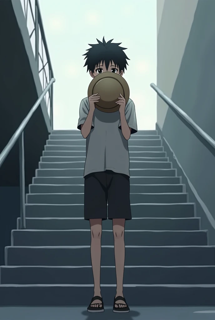 Anime boy standing on stairs holding a round hat and hiding his face.