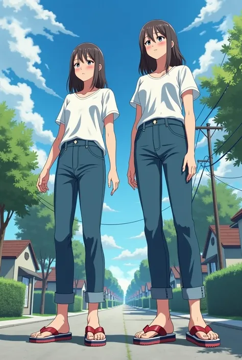 Recommended picture dimensions are 1x1. An anime-style picture depicting a sunny view of a suburban city. In the city there are four identical, uniquely beautiful, young-looking, towering, bigfooted giant women: a young-looking mother and her three young a...