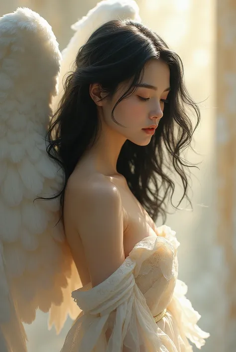 An peaceful angel dressed elegant black hair 