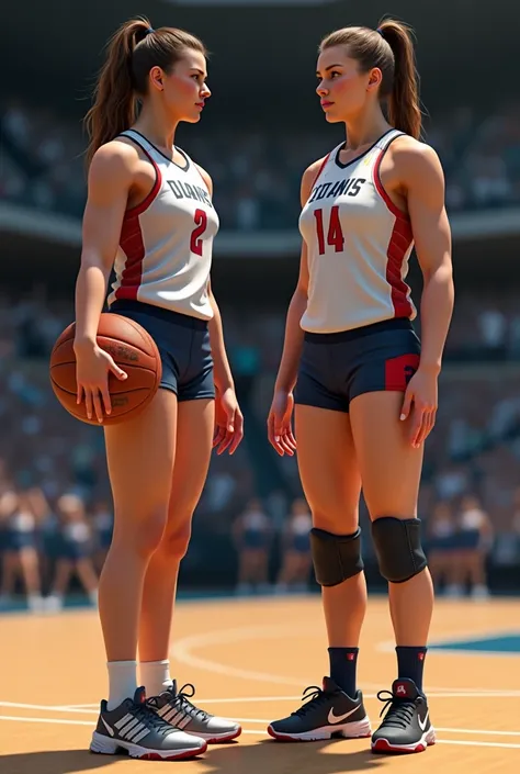  Realistic style. A female basketball player in her playing uniform compares her height to a taller and stronger female volleyball player who wears a volleyball uniform